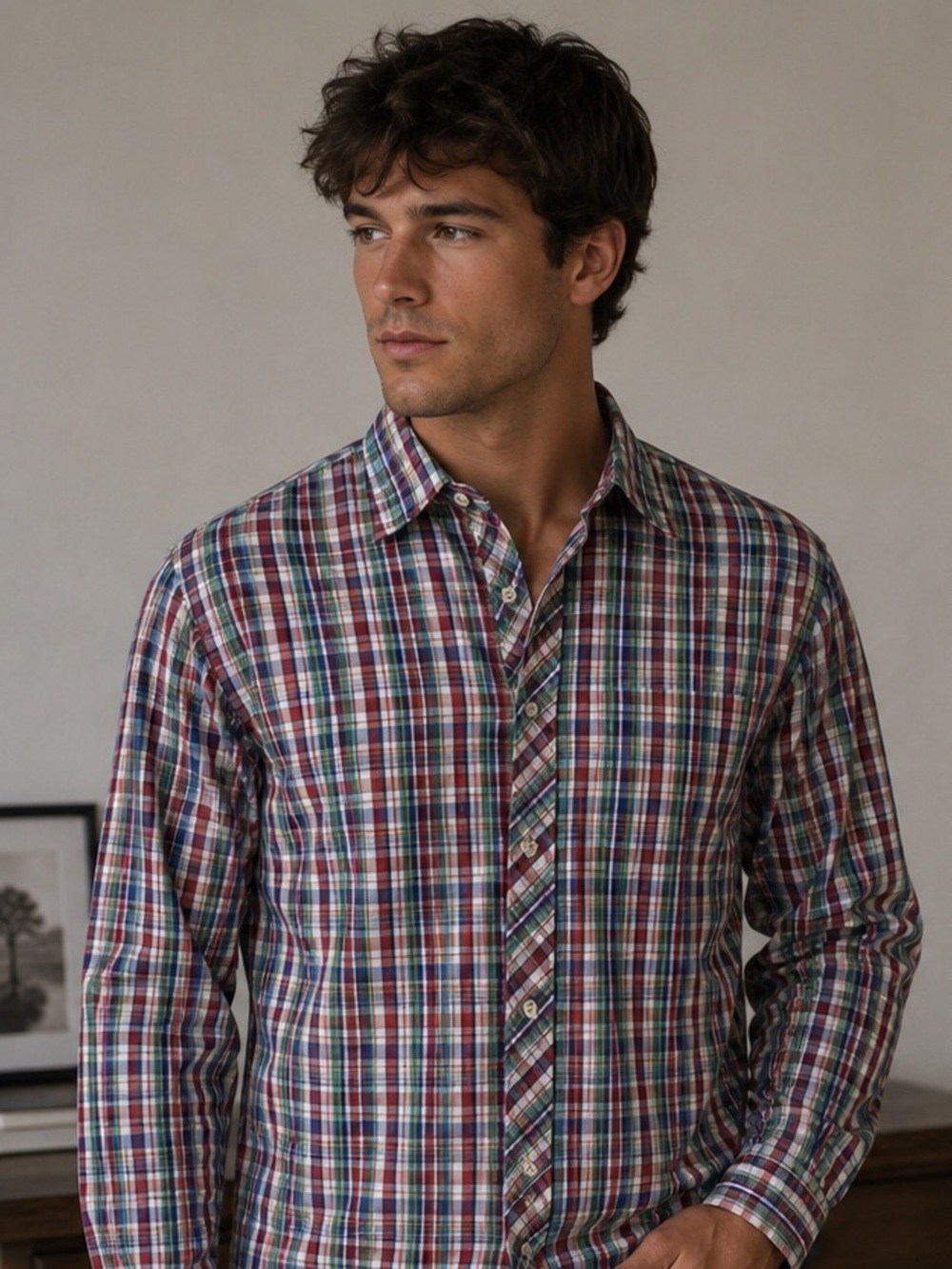 Wrangler Men's Red and Blue Plaid Button Down Shirt